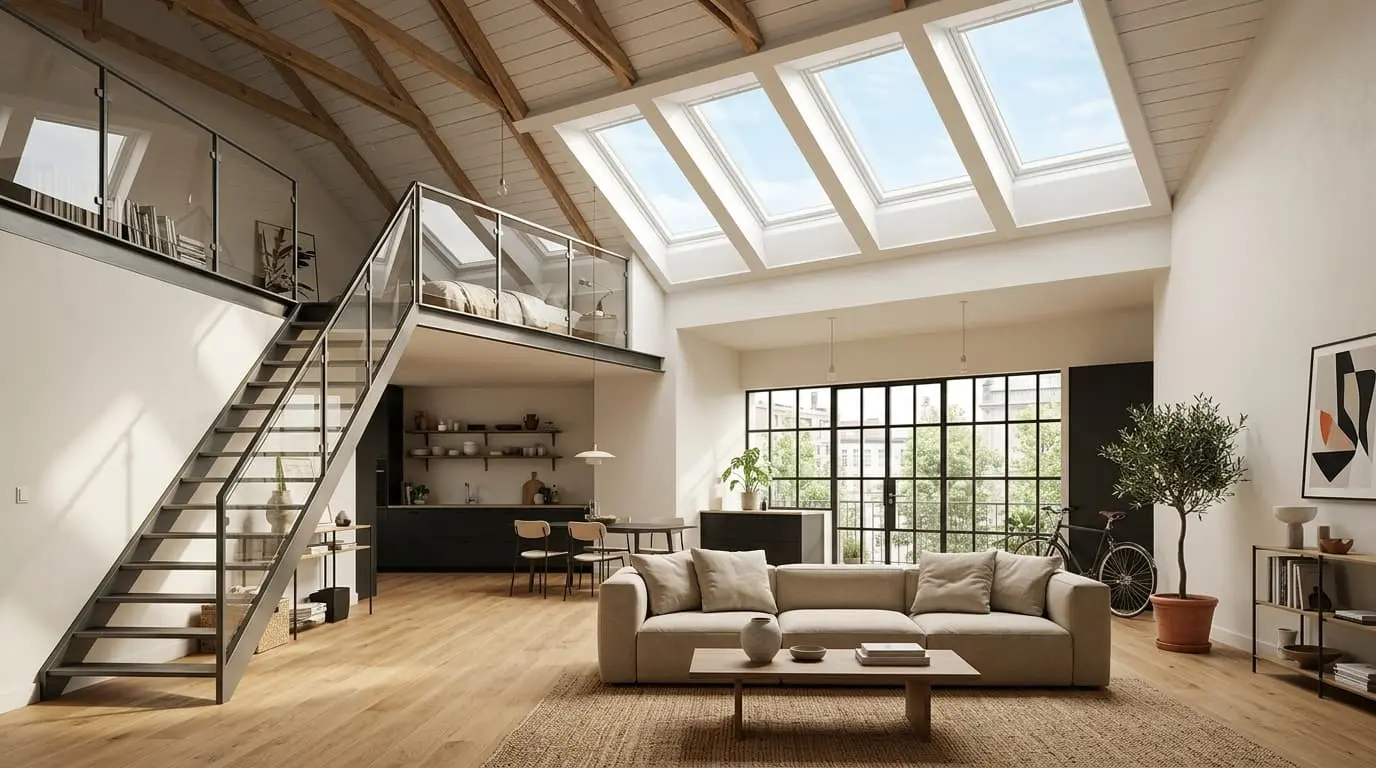 skylight window bringing overhead natural light into a bright modern living room
