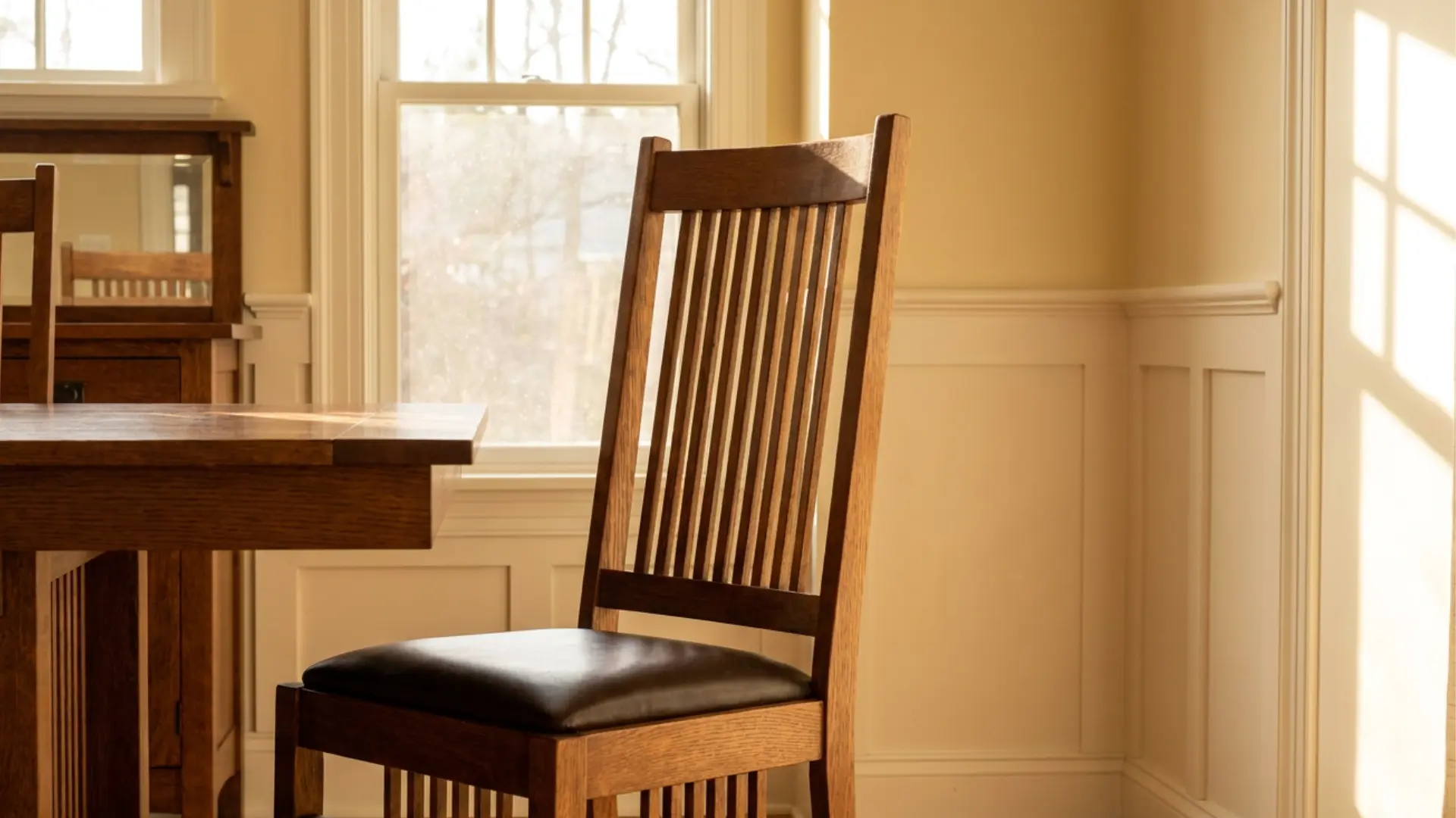slat back wooden dining chair in craftsman dining room with simple traditional solid wood interior style