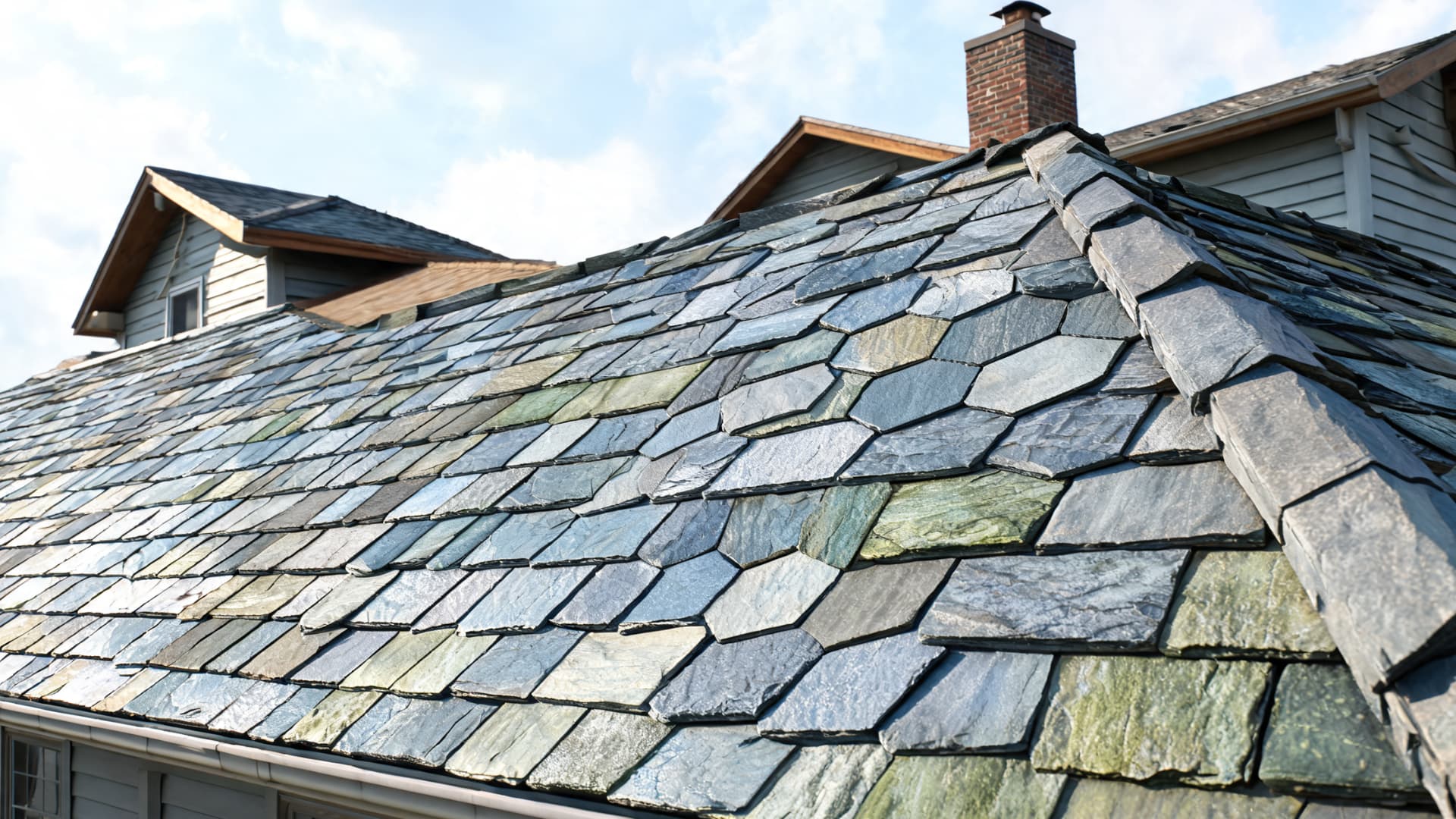 slate-style shingles of a house roof covered with blue-gray slate tiles under a partly cloudy sky