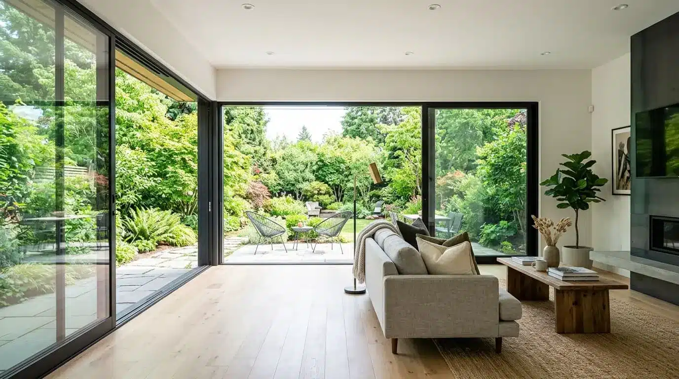 sliding window in a modern home hallway showing horizontal opening and clean design