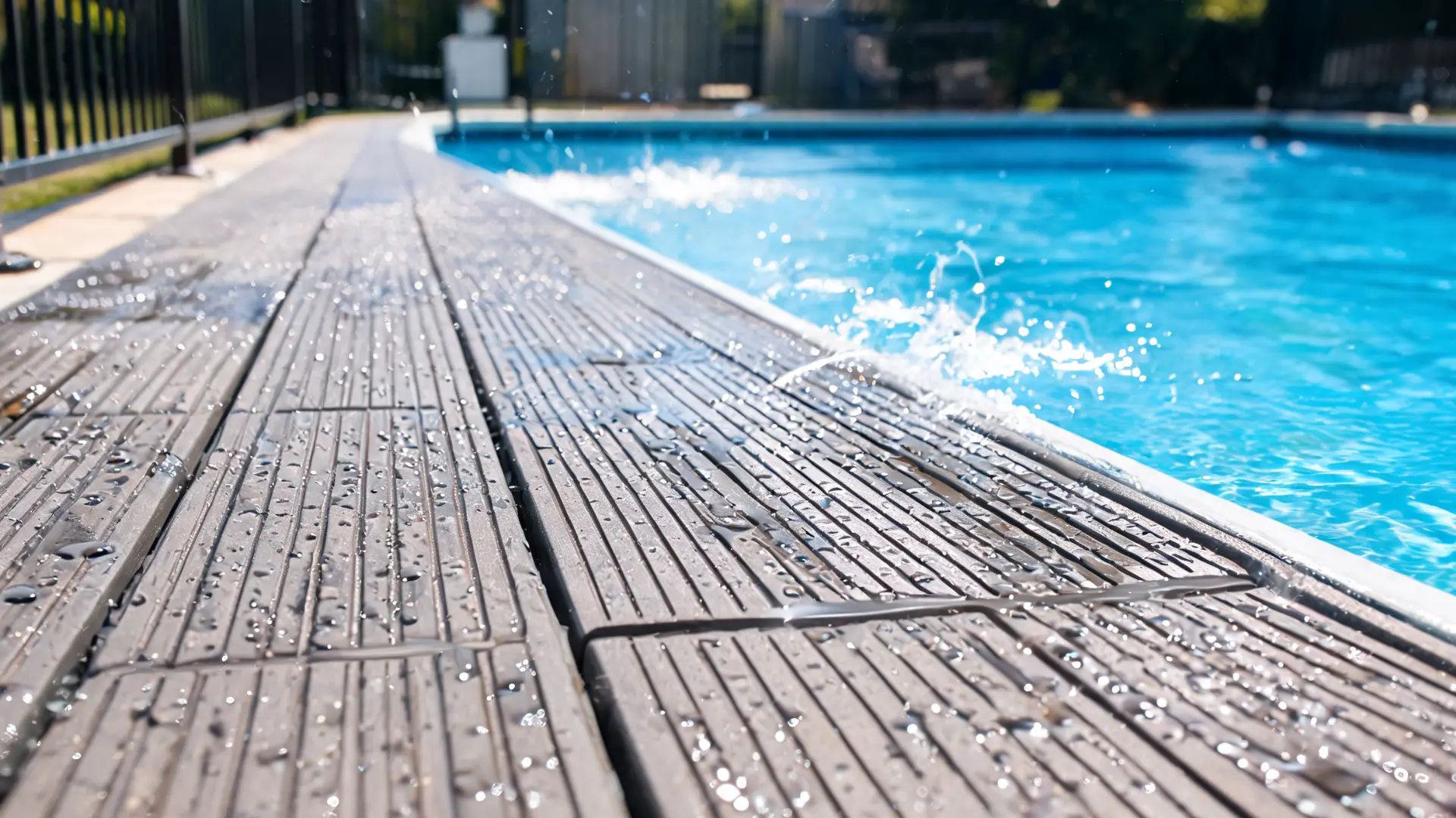 slip-resistant composite deck around a pool showing textured surface with water droplets for safety