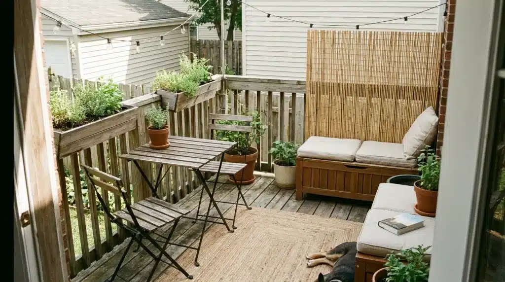 small budget deck with cozy seating plants soft lights and smart storage in a warm realistic backyard