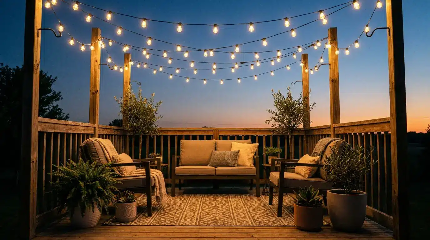 small deck at dusk with solar string light canopy over cozy seating rug and plants