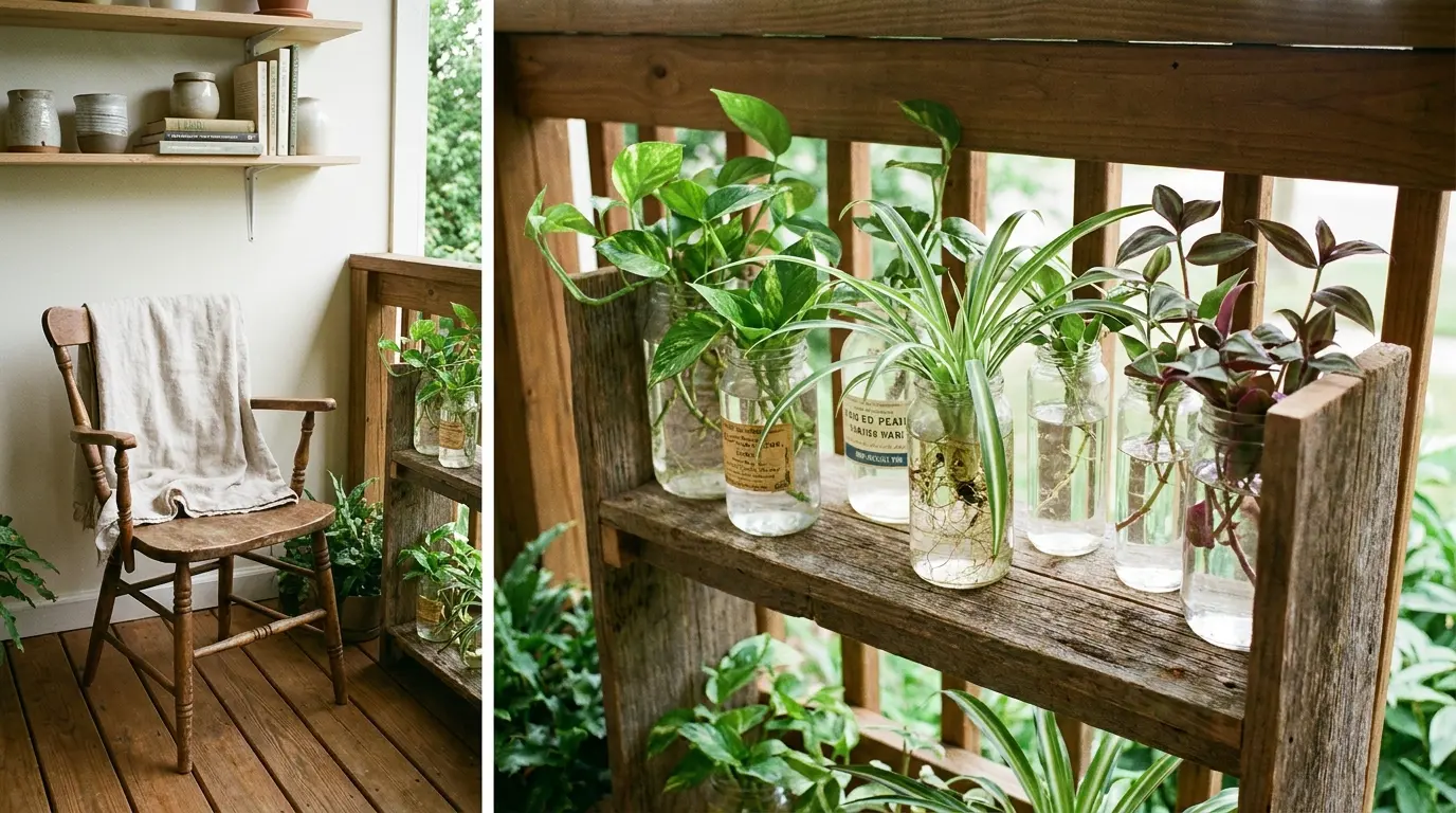 small deck shelf with glass jars holding propagated plant cuttings in soft natural light