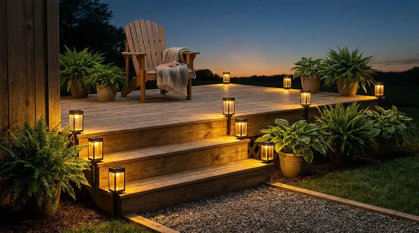 small deck steps lined with solar stake lanterns glowing softly for safer evening use