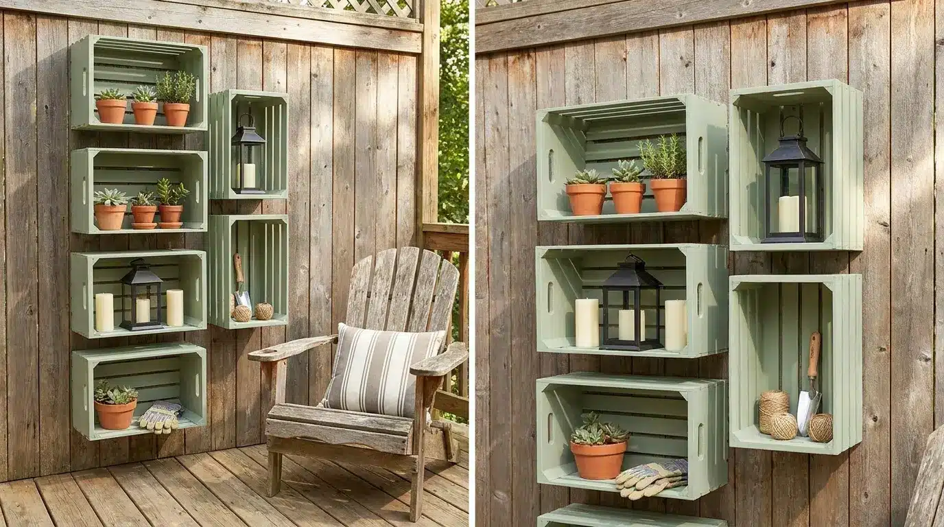 small deck wall with painted crate shelves holding plants lanterns and outdoor decor