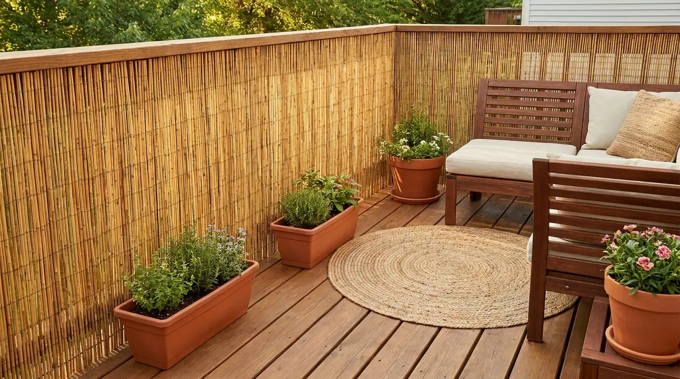 small deck with bamboo reed privacy screen compact seating rug and natural planters