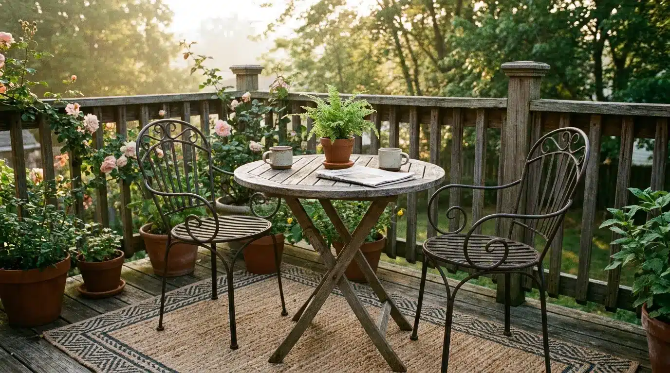 small deck with bistro table two armless chairs coffee cups rug and morning light