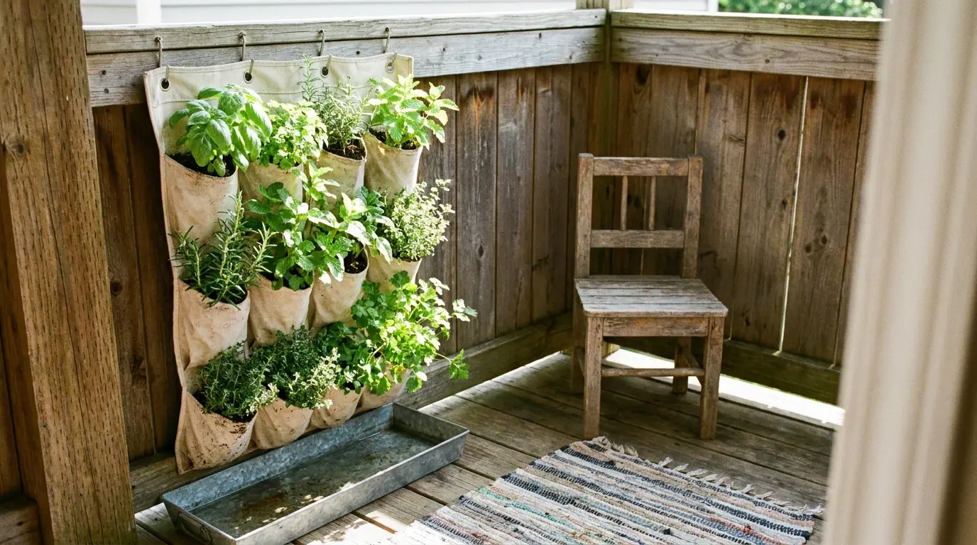 small deck with canvas shoe organizer herb wall filled with fresh green plants