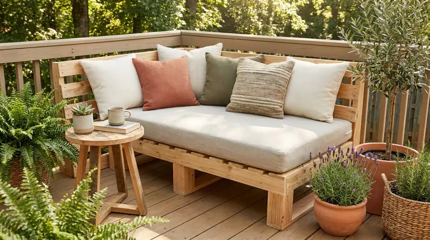 small deck with finished pallet sofa neutral cushion pillows and greenery along the railing
