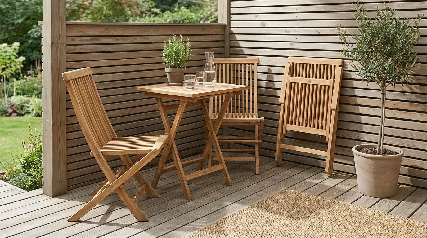small deck with foldable chairs and table set neatly with extra chair stored by the wall