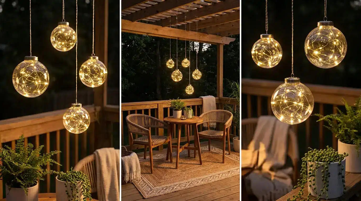 small deck with hanging glass globes filled with fairy lights above compact seating