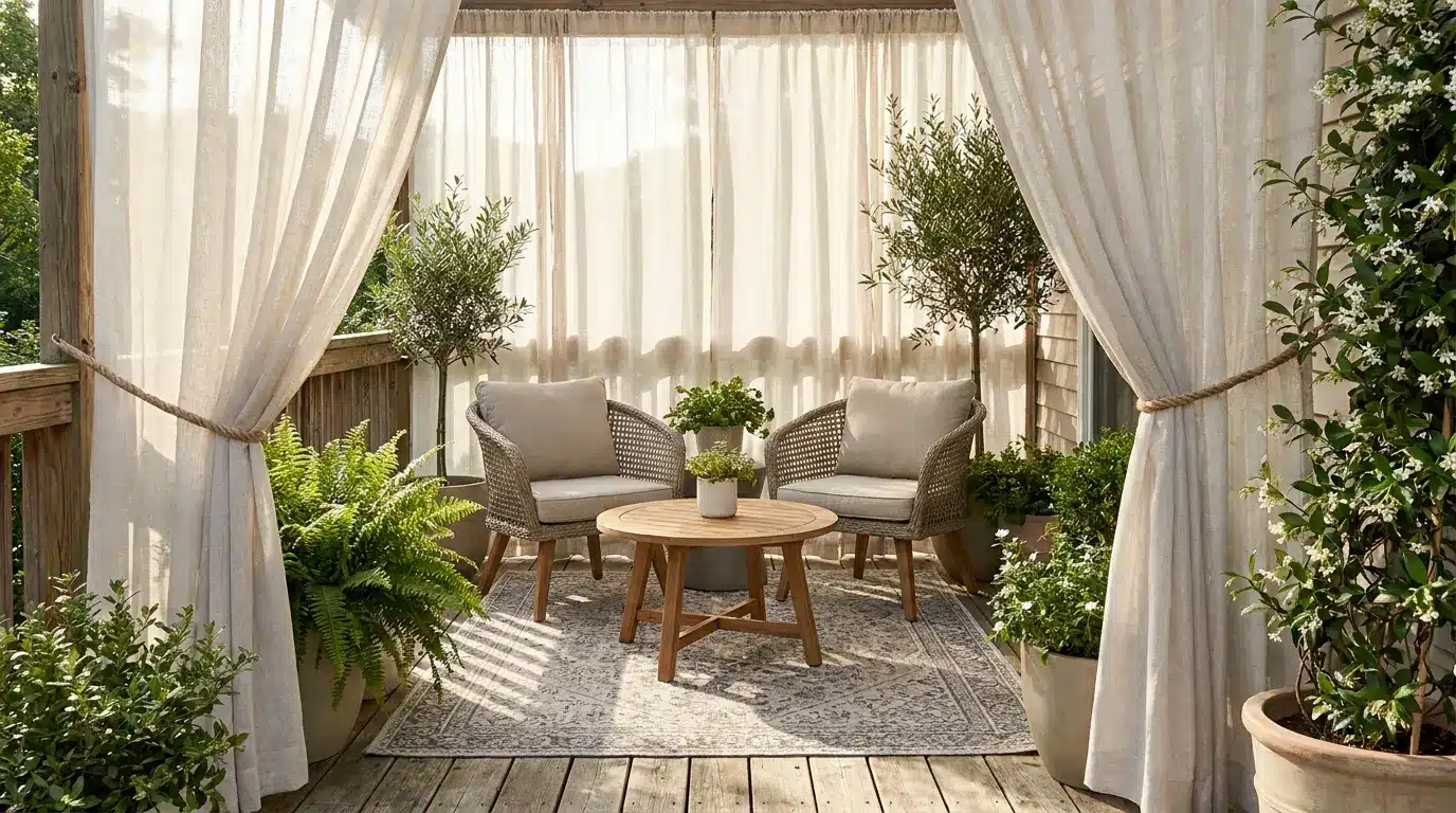 small deck with hanging outdoor curtains tied back beside cozy seating and plants