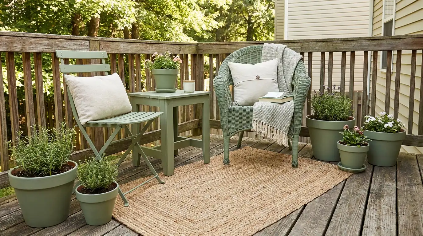 small deck with matching painted thrifted chairs table rug and planters looking cohesive
