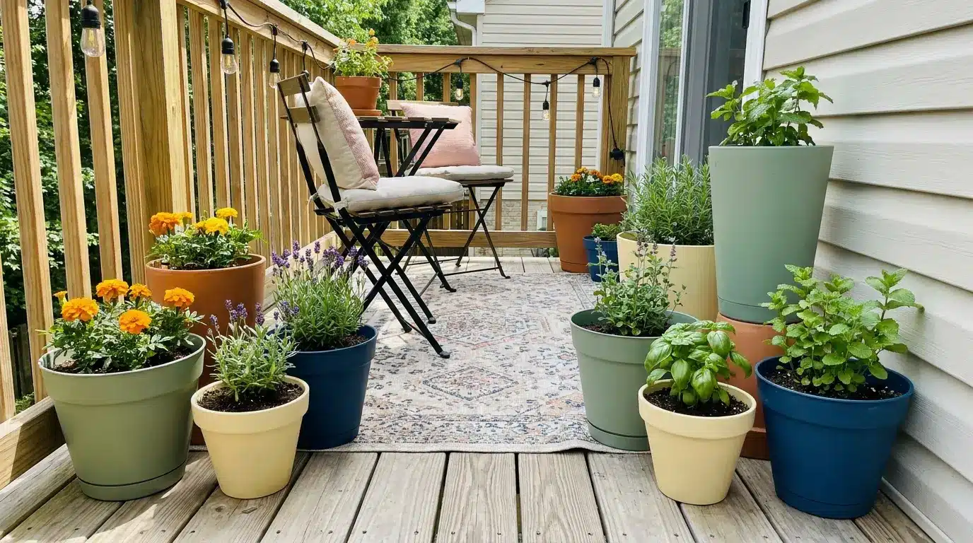 small deck with painted budget planters in coordinated colors near compact seating