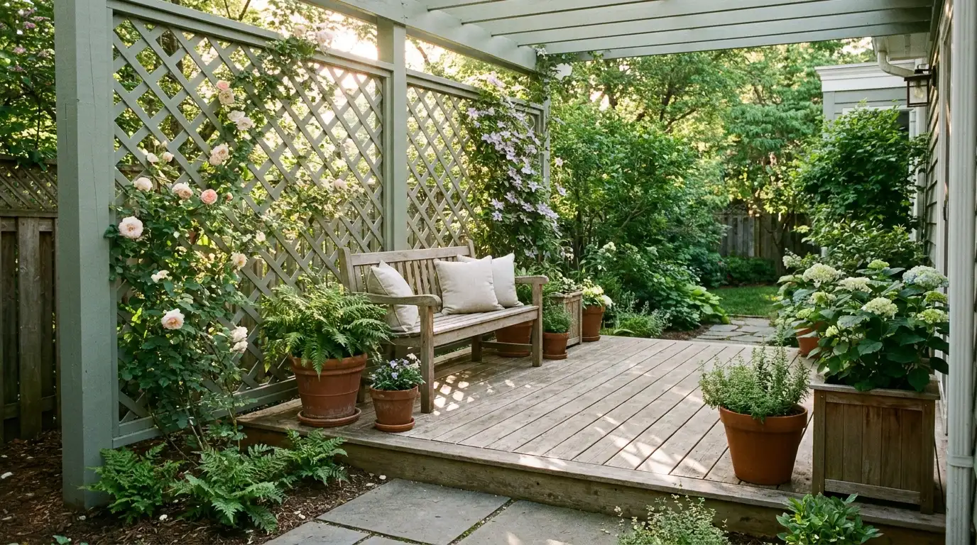 small deck with painted lattice panel and climbing plants creating airy garden privacy