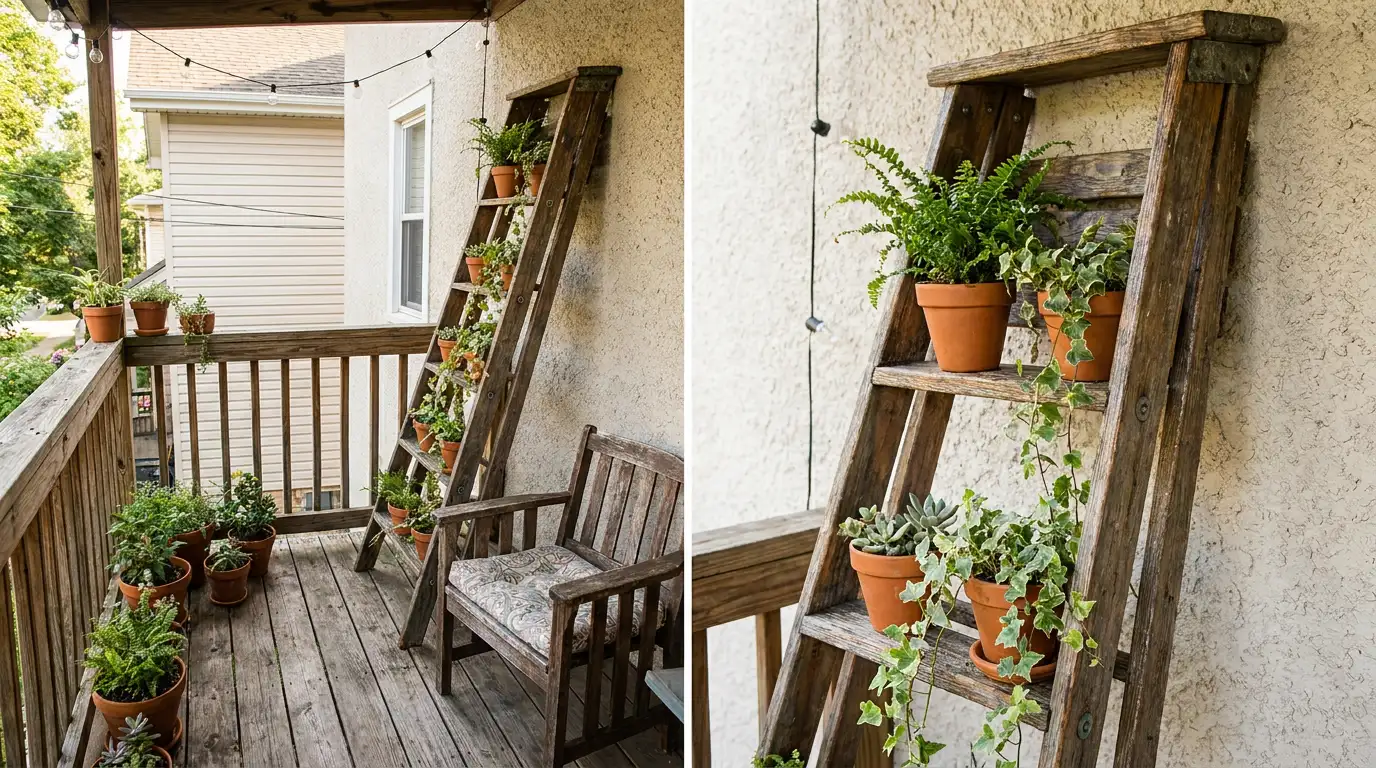 small deck with repurposed wooden ladder plant stand holding pots at different heights