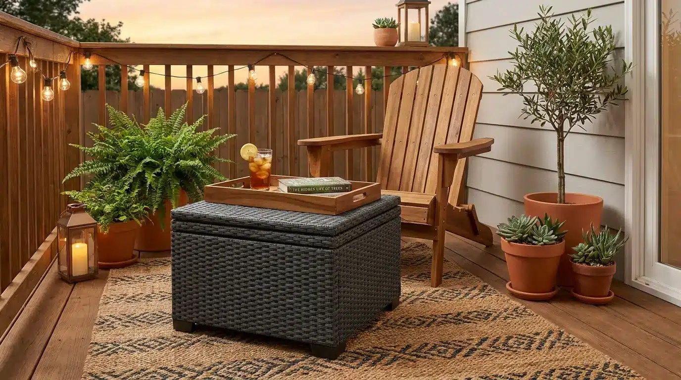 small deck with storage ottoman used as footrest table and extra seat beside compact chair