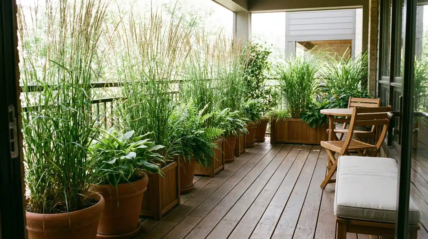 small deck with tall potted plants forming a living wall beside compact seating