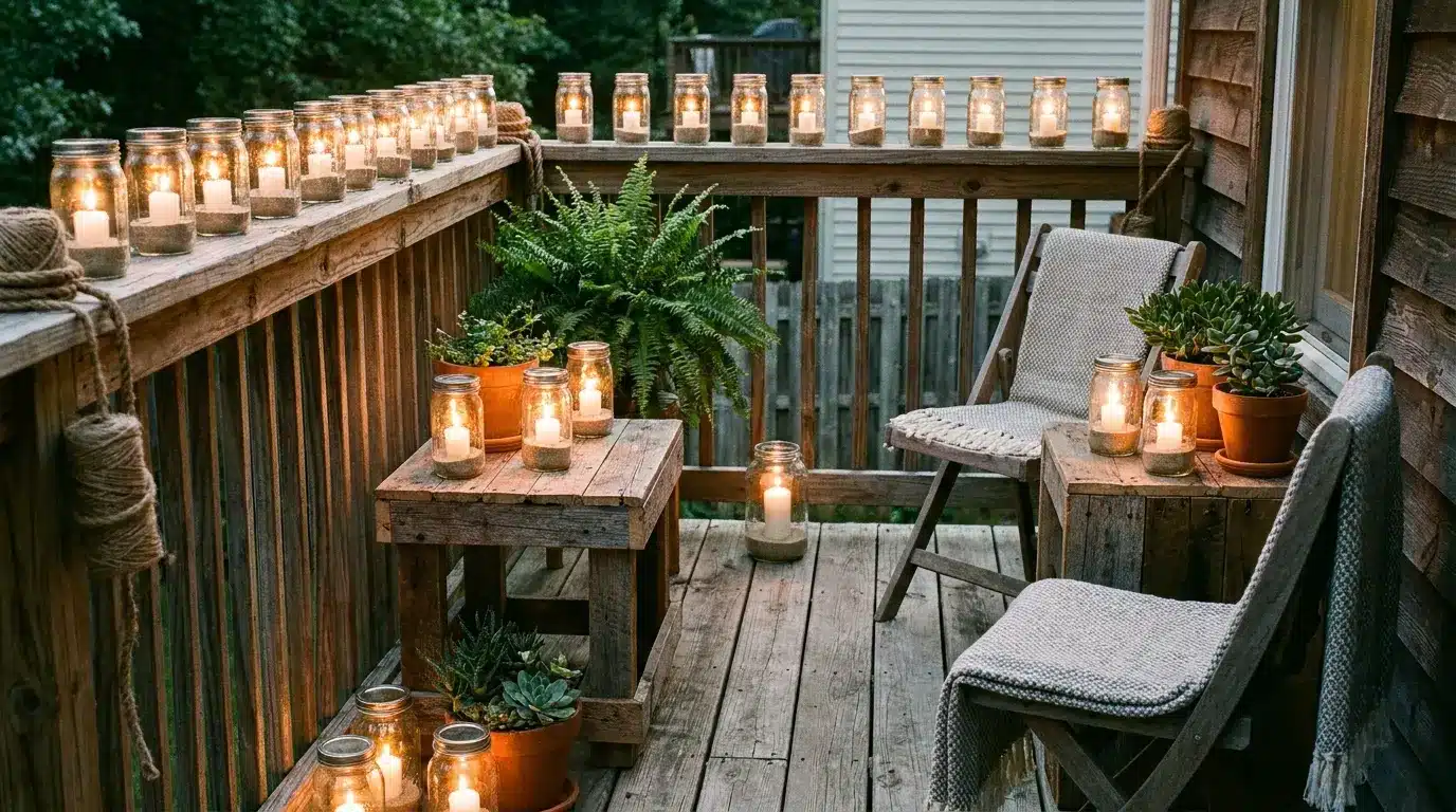 small rustic deck with mason jar candle lanterns glowing along railing and table