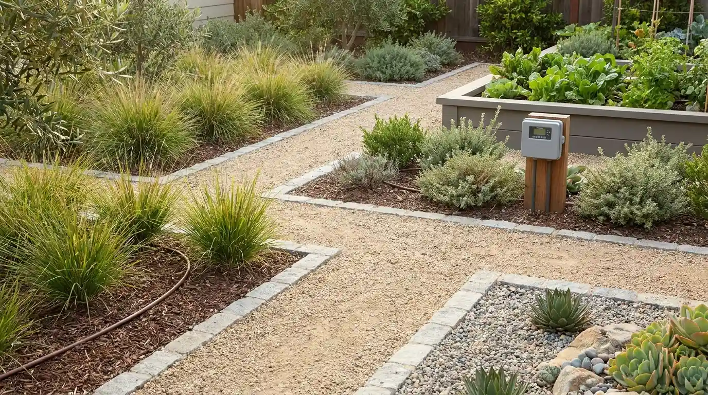 smart irrigation zones in a modern garden with grouped plants, hidden drip lines, and clean paths outside