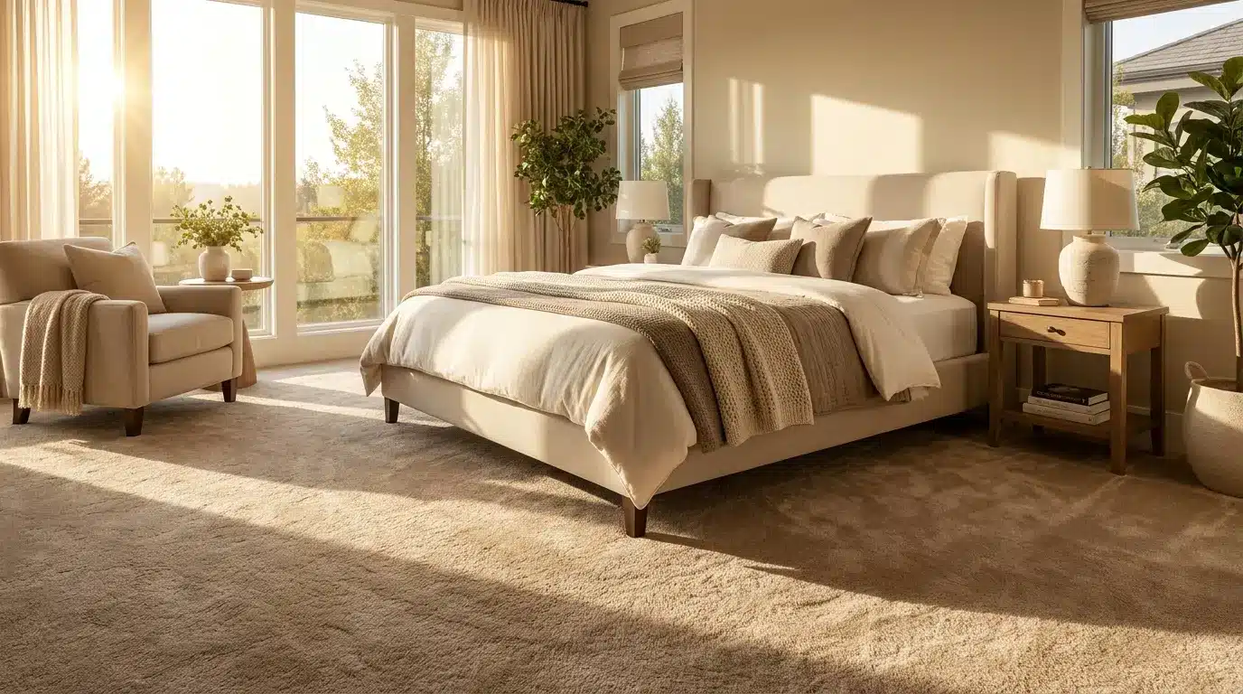 soft beige plush carpet in luxury bedroom with warm sunlight and elegant furniture details