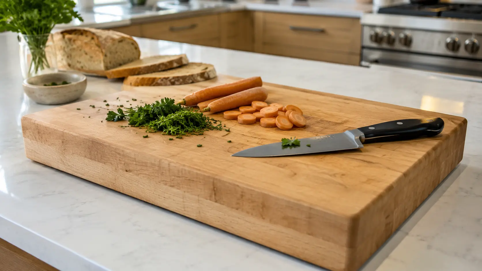 a thick maple cutting board on a bright kitchen counter with chopped herbs carrots bread and a chef knife showing a clean daily prep setup