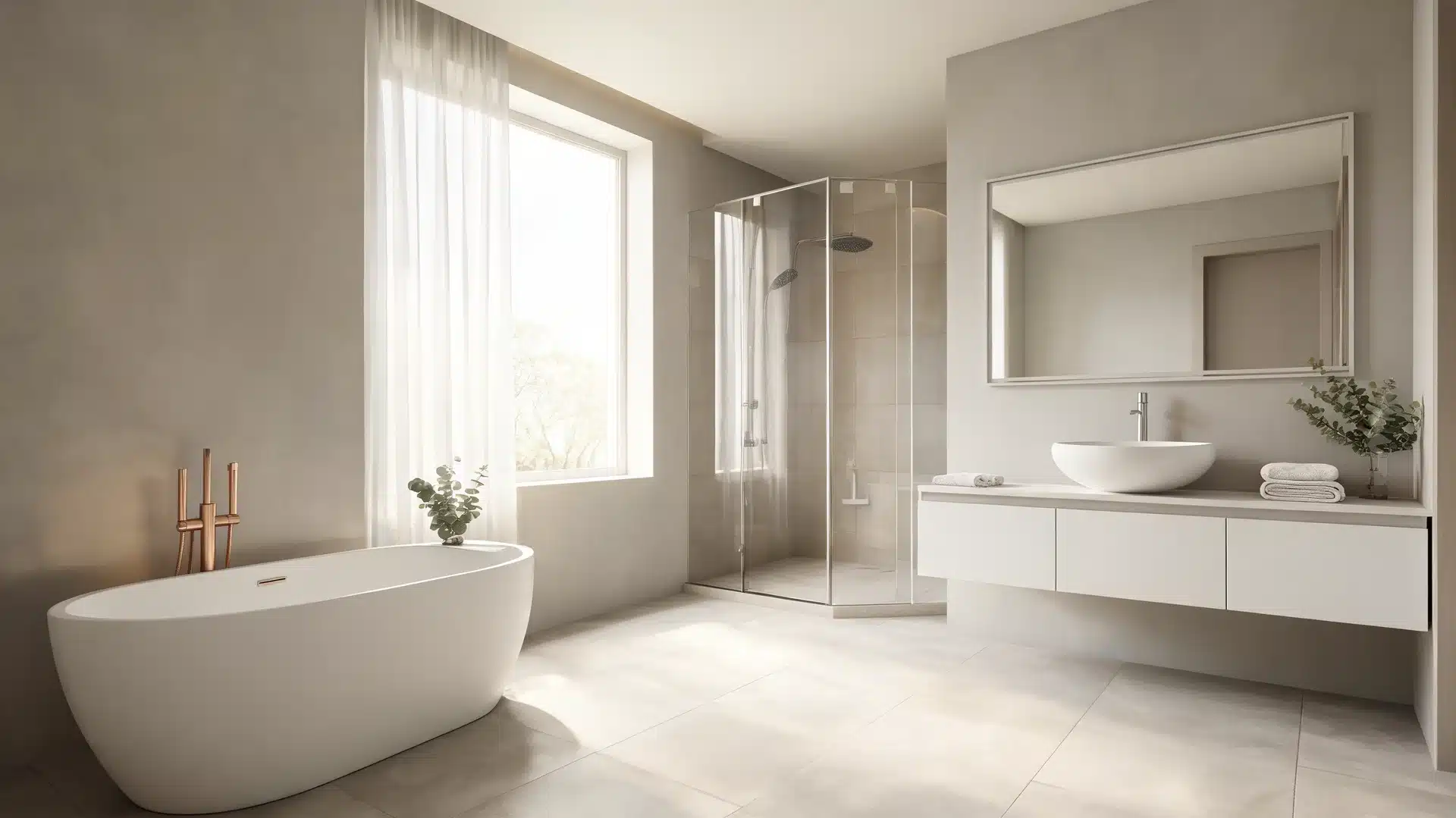 spa bathroom in pale oak benjamin moore with freestanding tub glass shower white vanity vessel sink and natural light