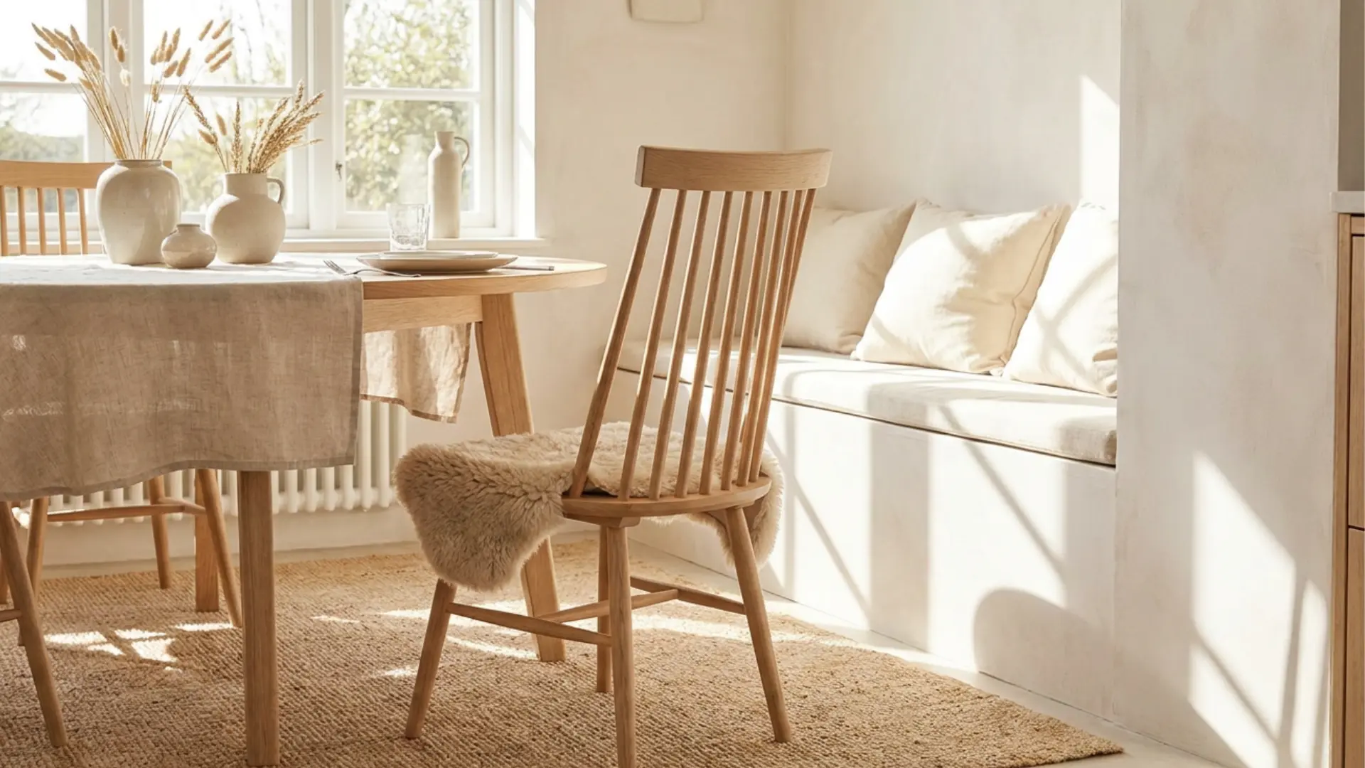 spindle back wooden dining chair in scandinavian dining room with light airy minimalist interior style