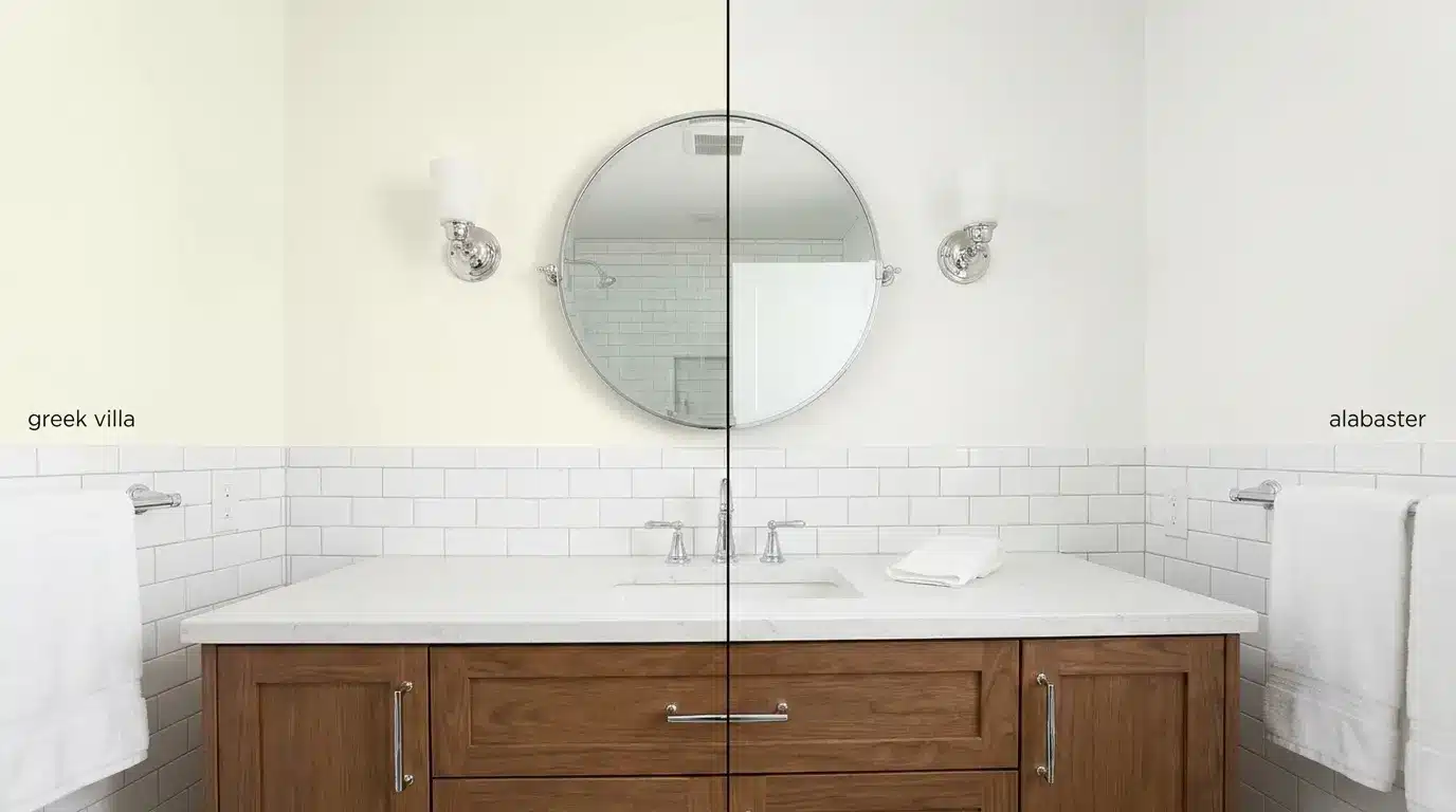 split bathroom comparison with greek villa on left and alabaster on right beside tile mirror and vanity