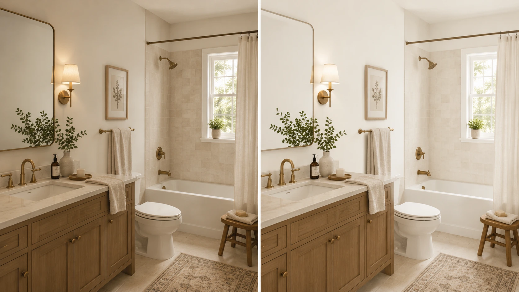 split bathroom showing shoji white and alabaster walls with warm tile, brass fixtures, and soft vanity light