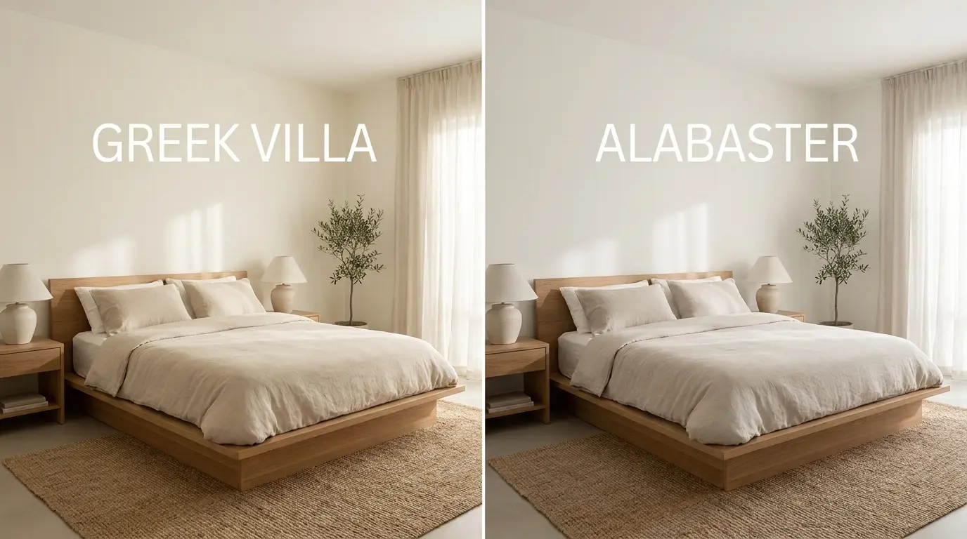 split bedroom comparison showing greek villa on left and alabaster on right with soft bedding and lamps