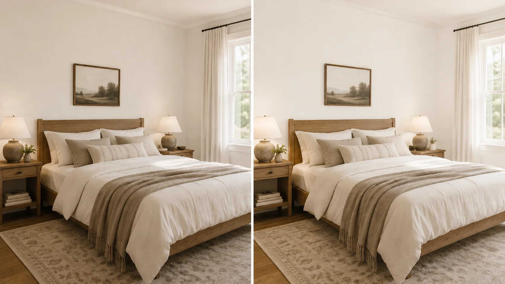 split bedroom showing shoji white walls on one side and alabaster walls on the other with soft bedding and warm light