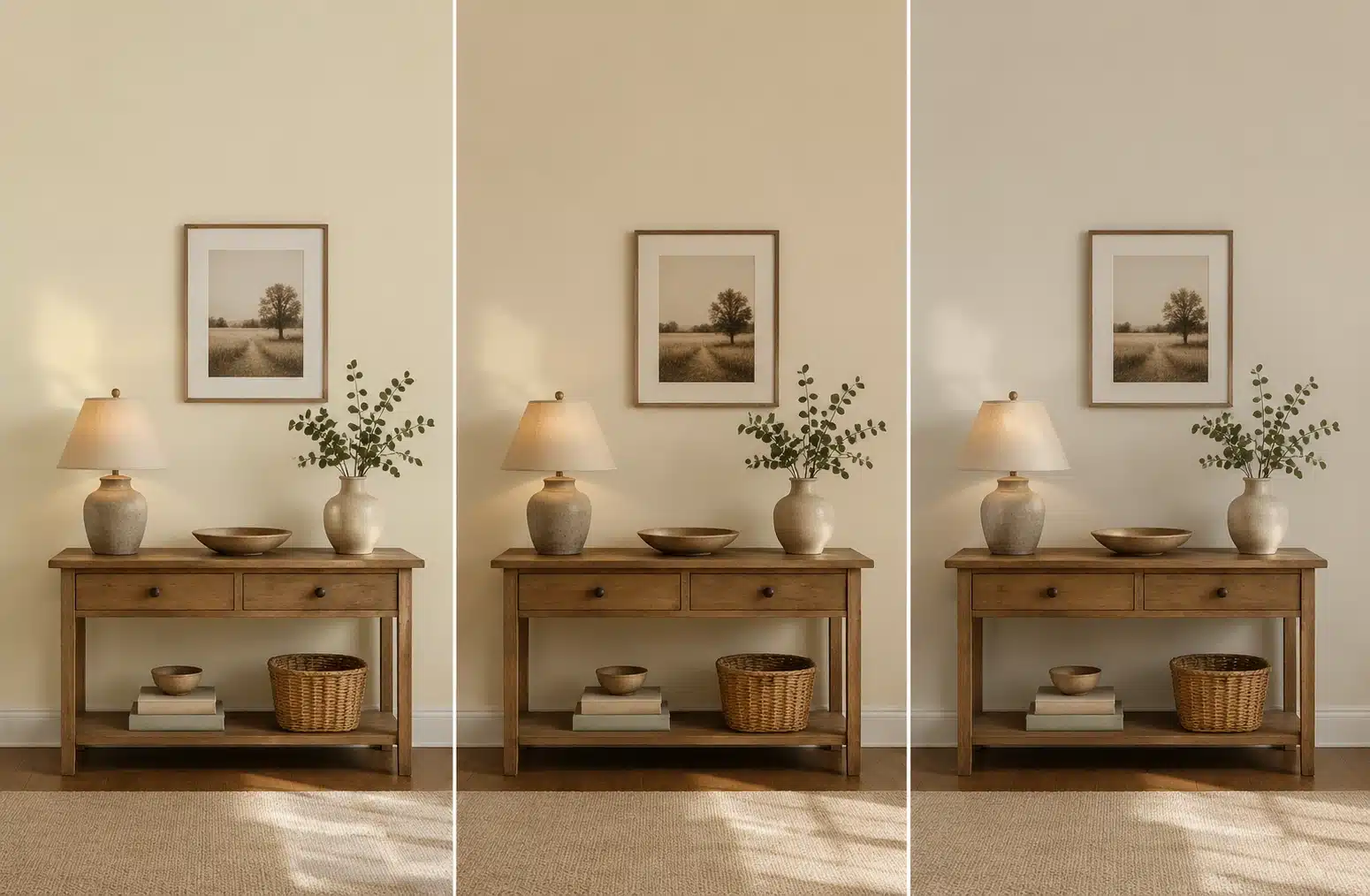split comparison of three similar warm neutral wall colors beside the same wood console and decor