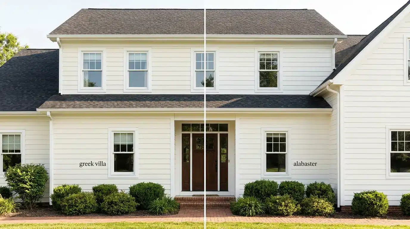 split exterior paint comparison with greek villa on left and alabaster on right on a bright home facade