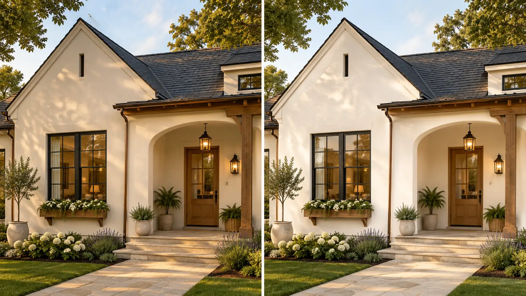 split exterior showing shoji white and alabaster walls on the same home with wood accents and natural daylight