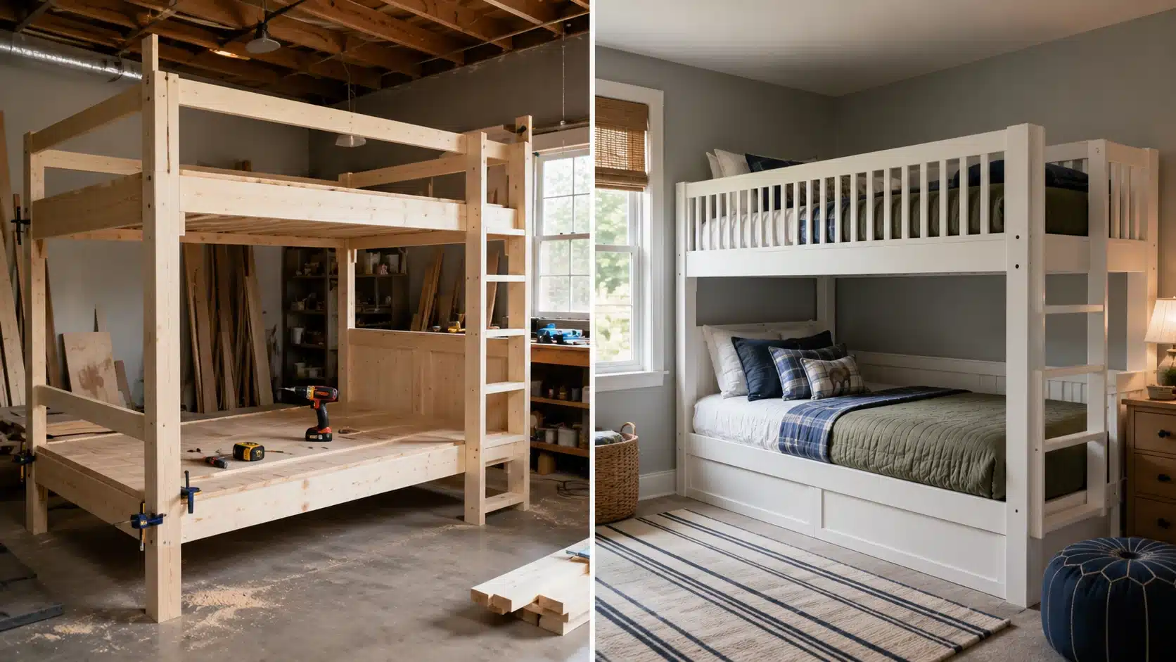 split image of unfinished diy bunk bed frame and finished store bought bunk bed in bedroom