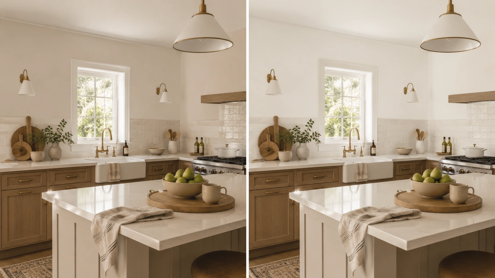 split kitchen showing shoji white walls on one side and alabaster walls on the other with warm cabinets and counters