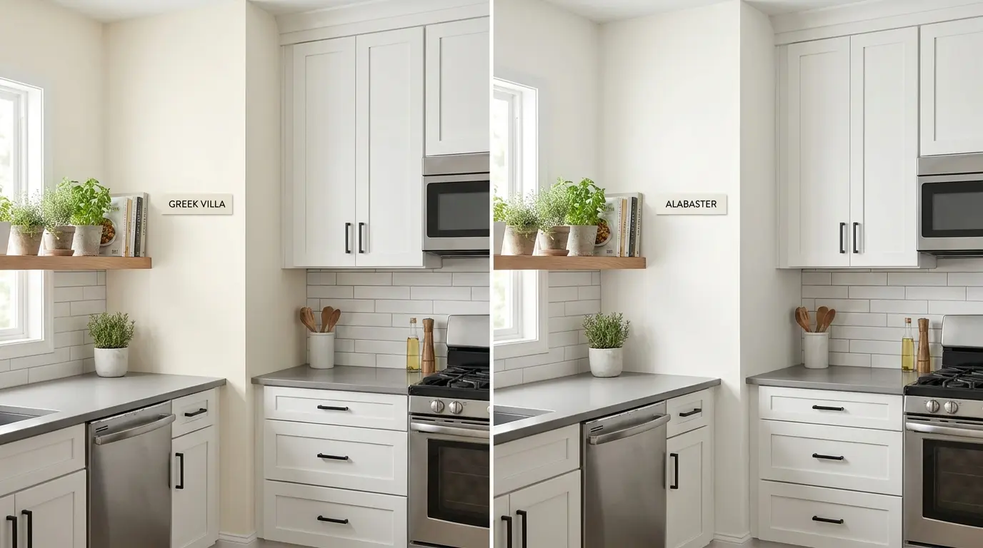 split kitchen wall comparison showing greek villa on left and alabaster on right beside counters and tile