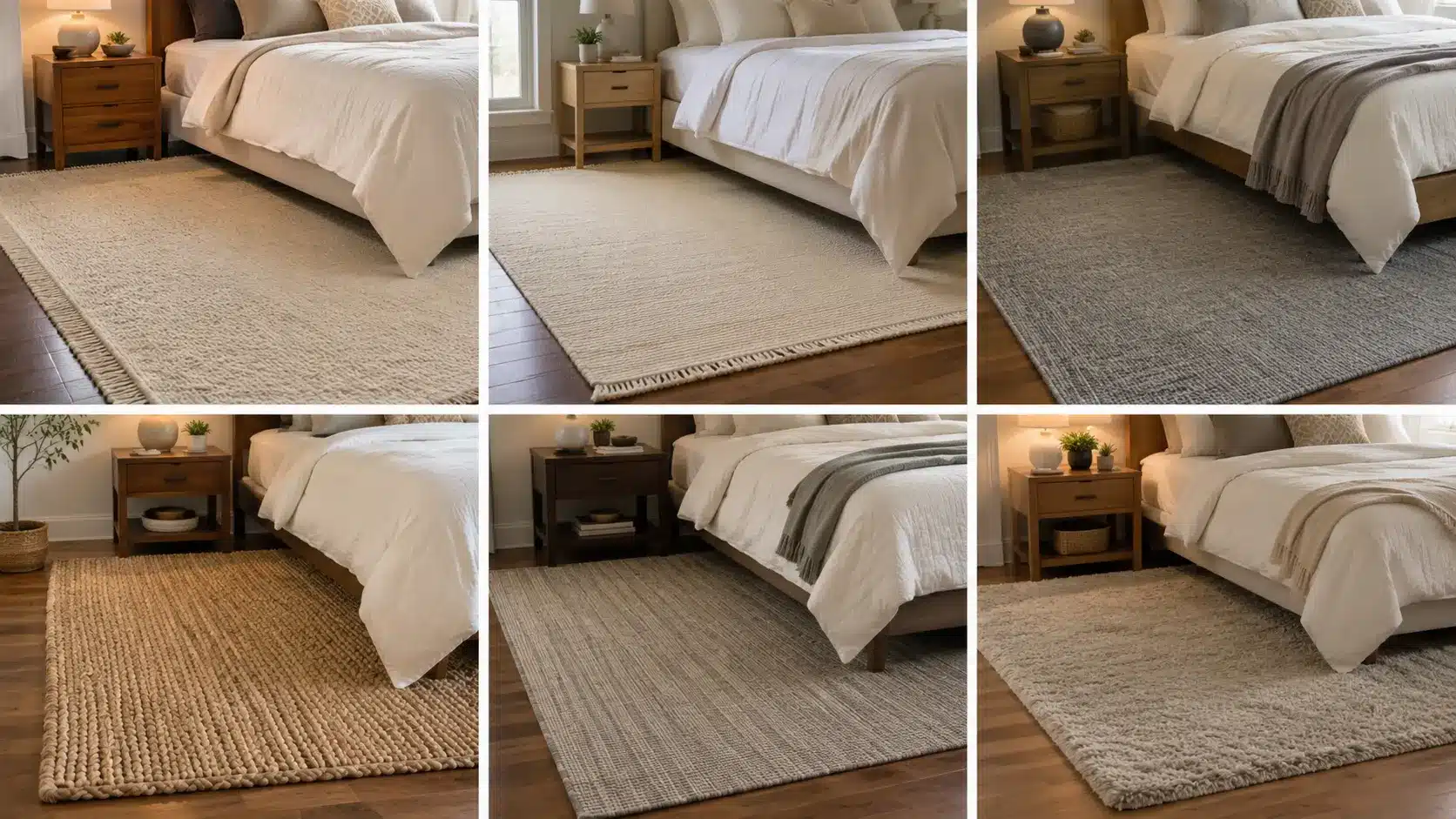 split layout showing wool cotton synthetic jute low-pile and medium-pile rugs in realistic queen bedroom settings