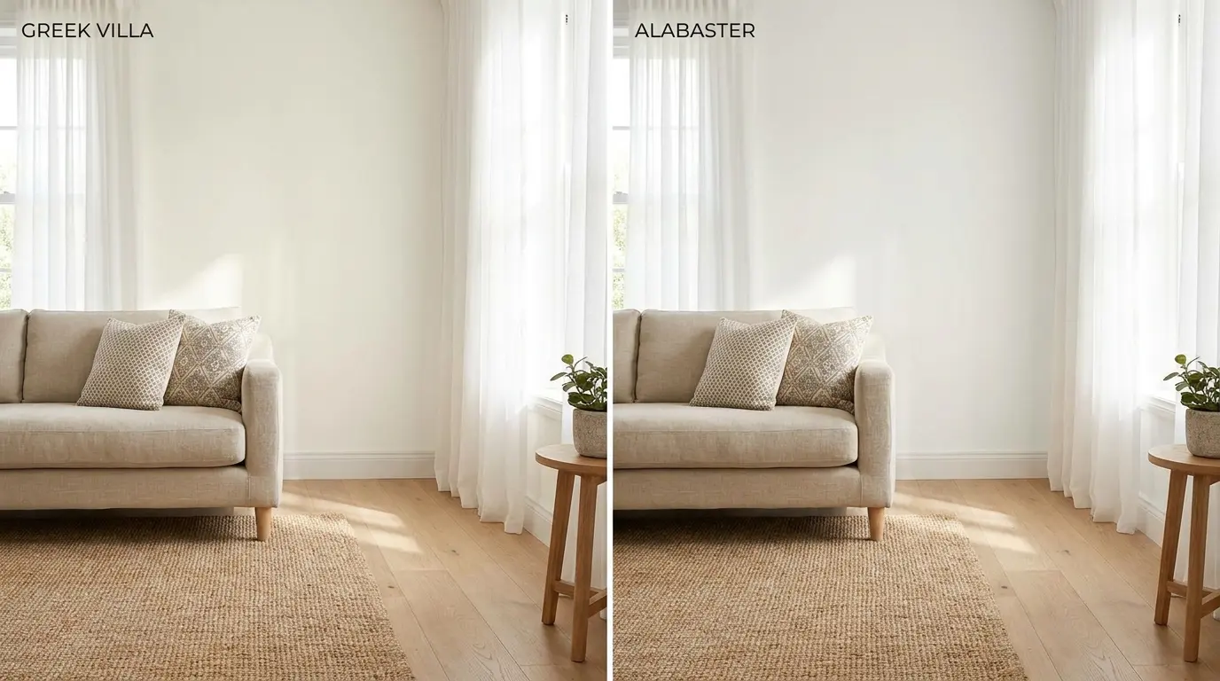 split living room comparing greek villa on left and alabaster on right with warm wood and soft daylight