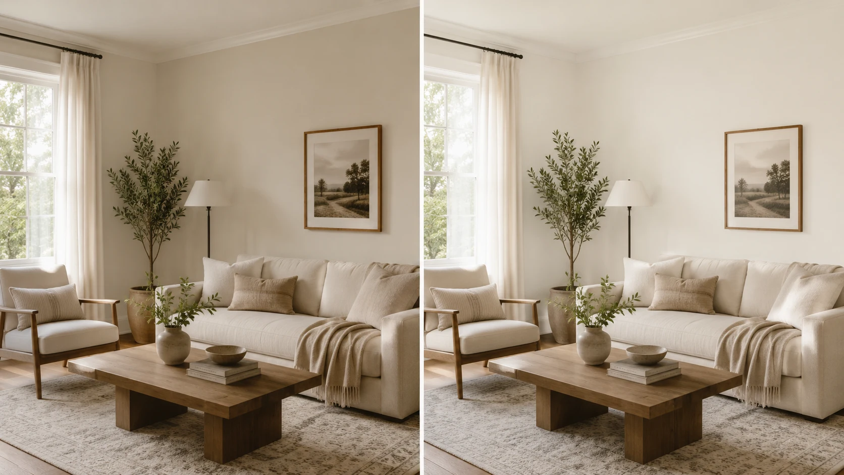split living room showing shoji white walls on one side and alabaster walls on the other with soft daylight