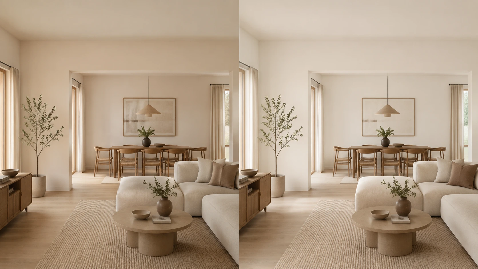 split open-plan room showing shoji white and alabaster walls with warm wood floors and soft natural light