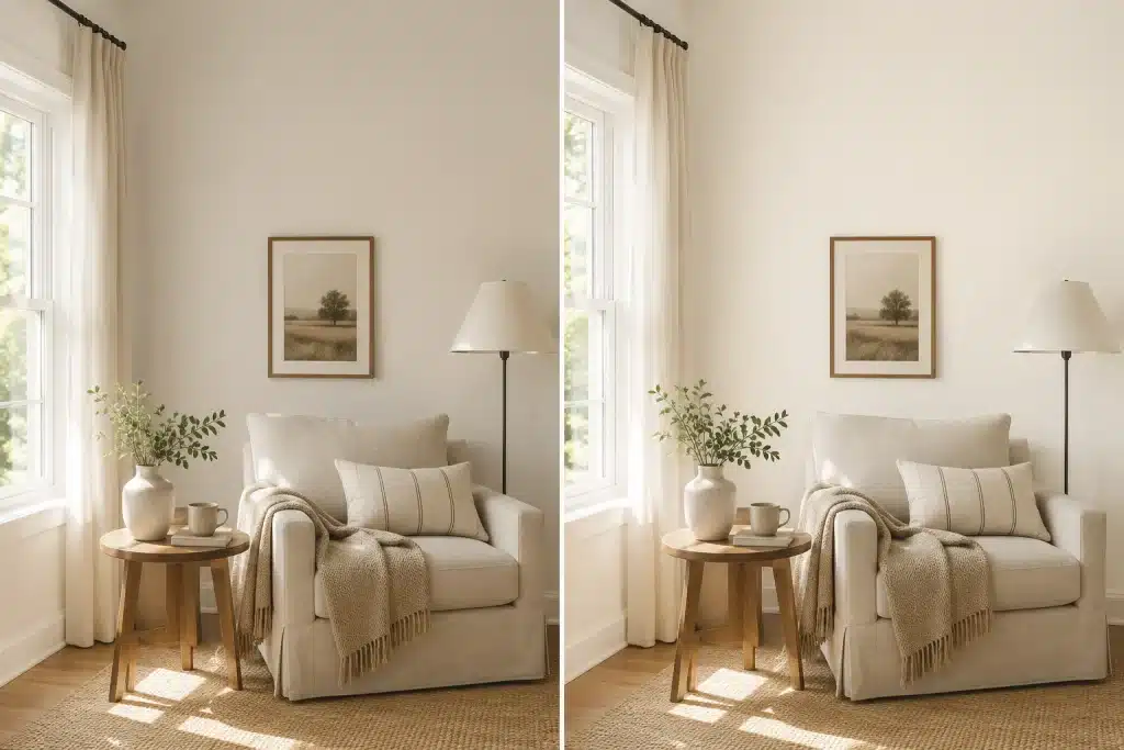split room showing shoji white and alabaster walls with soft daylight, neutral seating, and warm wood accents