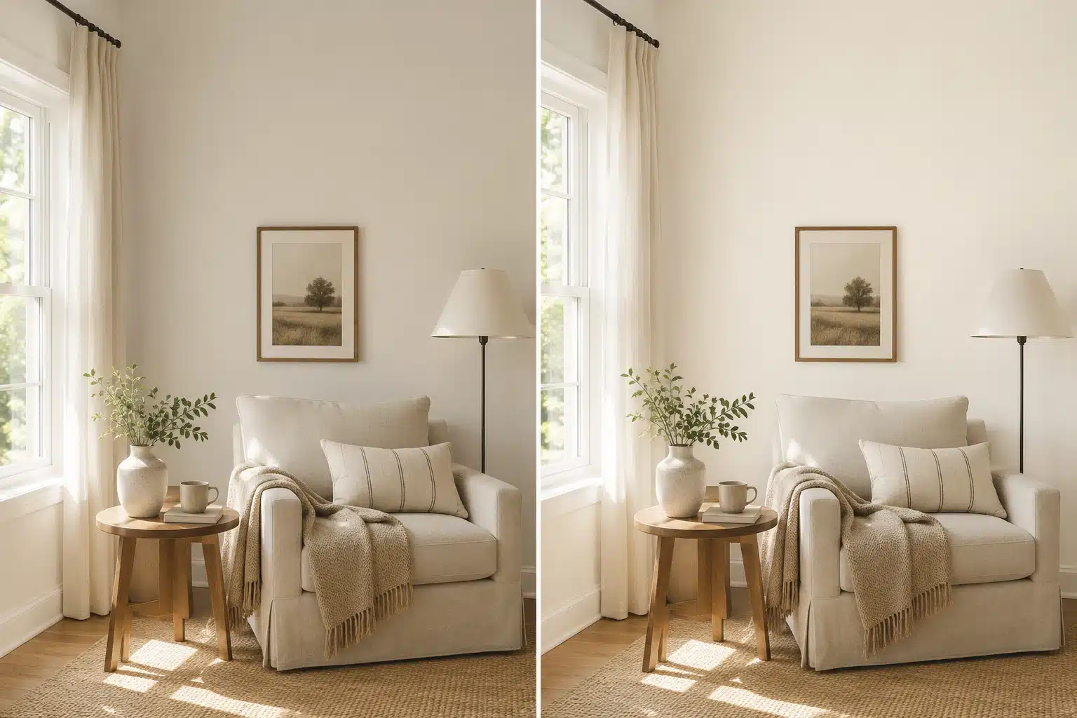 split room showing shoji white and alabaster walls with soft daylight, neutral seating, and warm wood accents