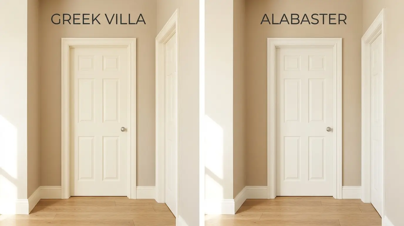 split trim and interior door comparison showing greek villa on left and alabaster on right with neutral walls