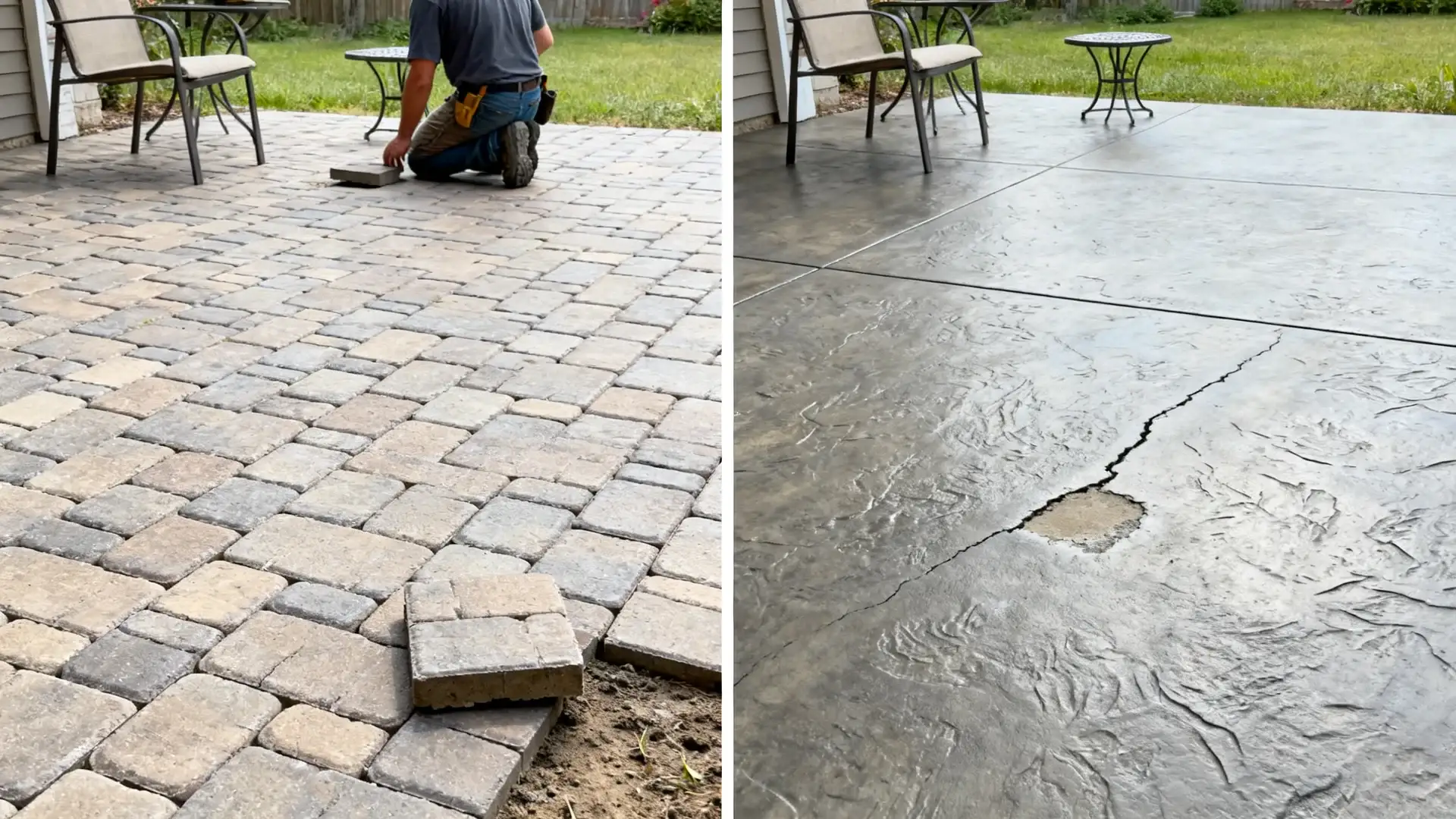 split view of paver patio and stamped concrete patio showing material difference and repair comparison in one backyard