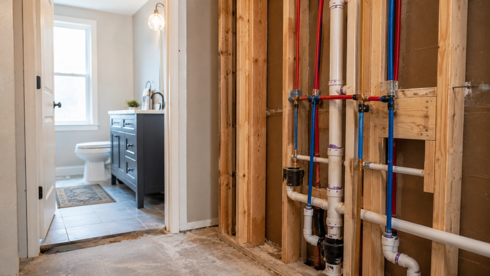 split view showing exposed rough-in plumbing beside finished bathroom fixtures after installation