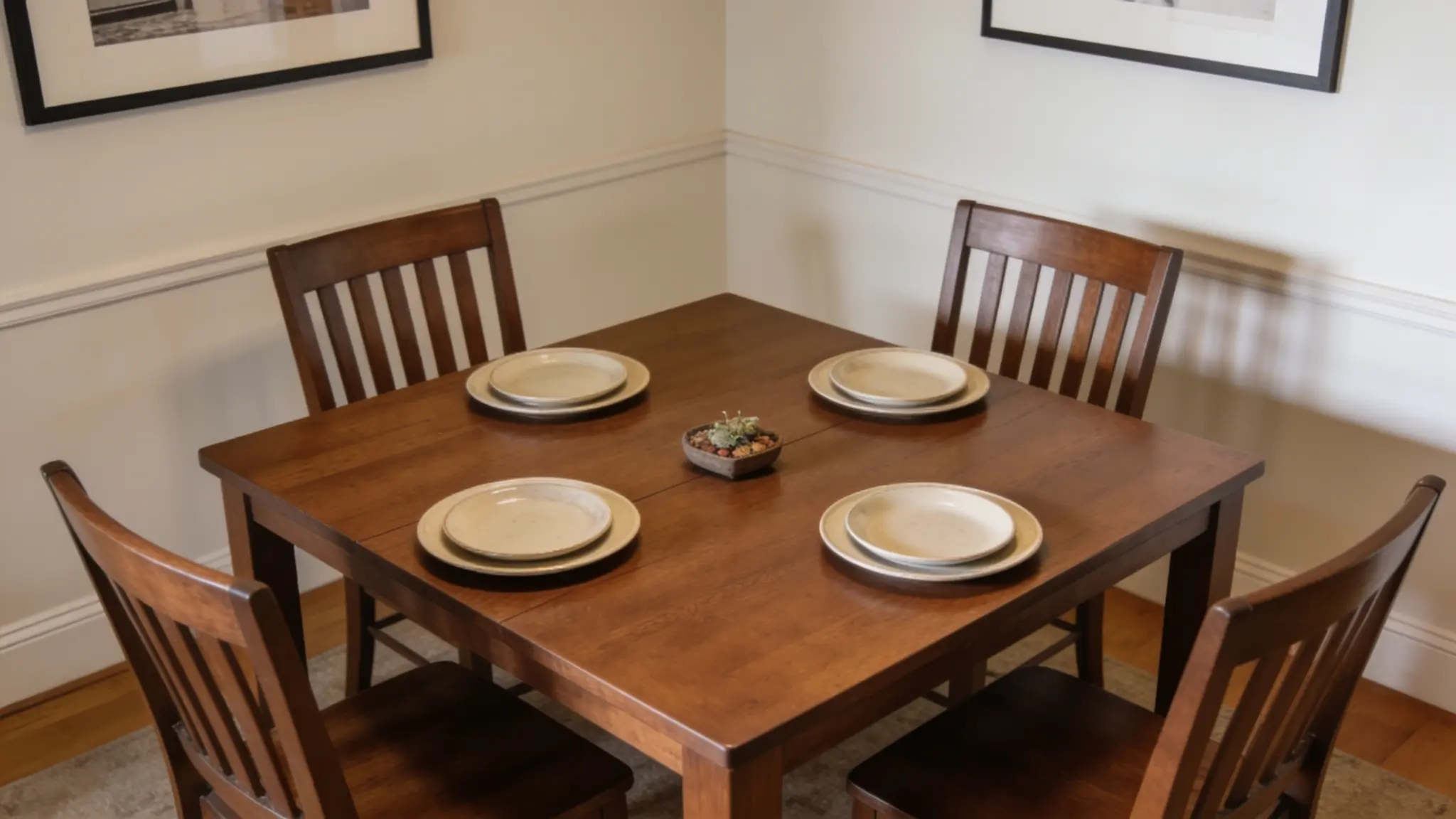 Square dining table in a balanced dining room