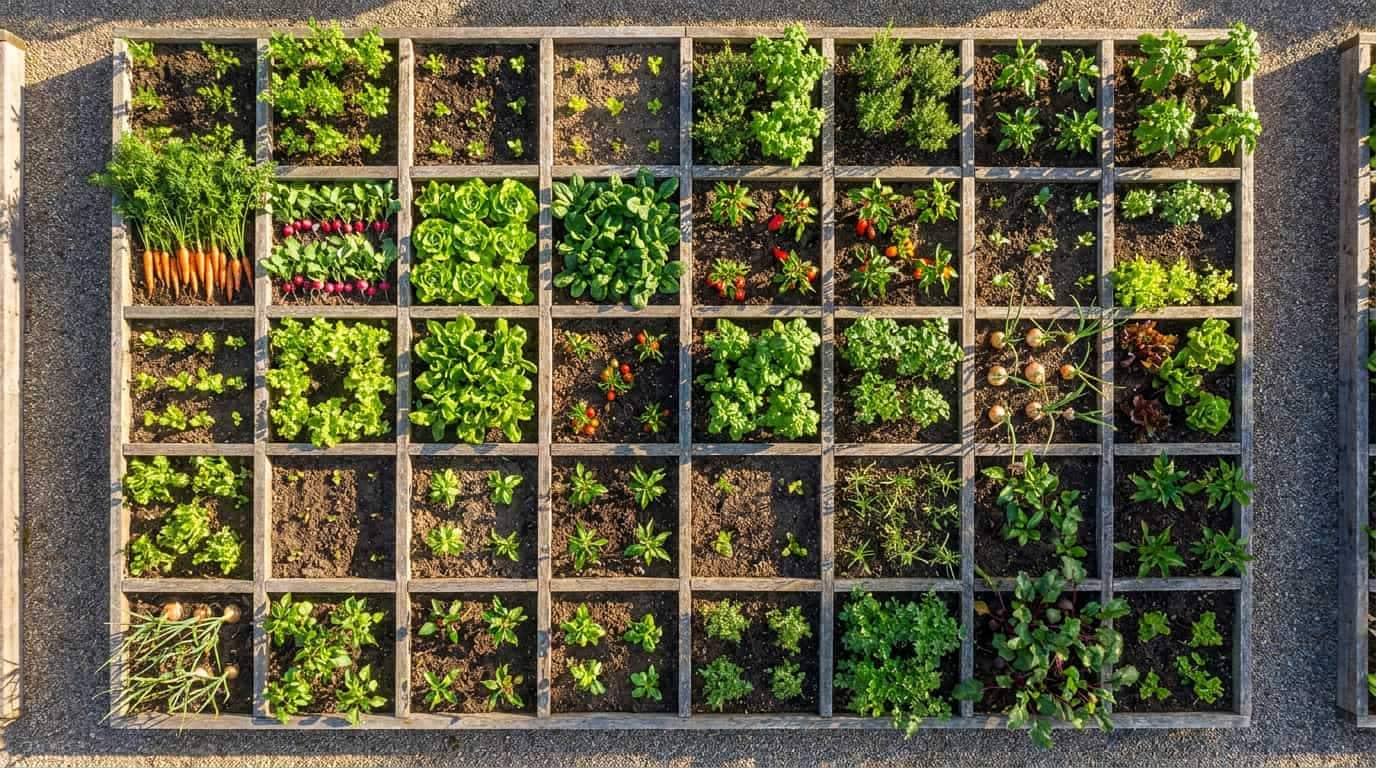 square foot garden with spinach beans onions radishes lettuce and basil (1)